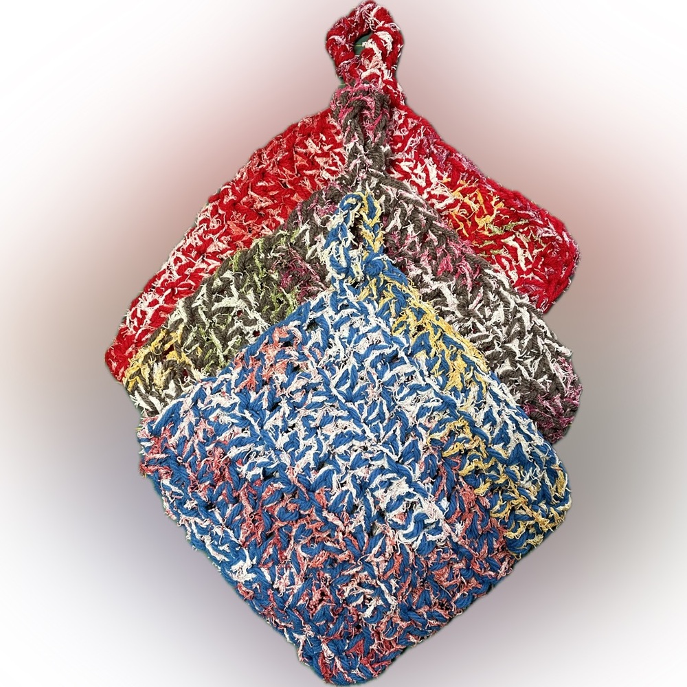 Handmade scrubbies hanging loop for  kitchen or bathroom. set  of 3 towels.